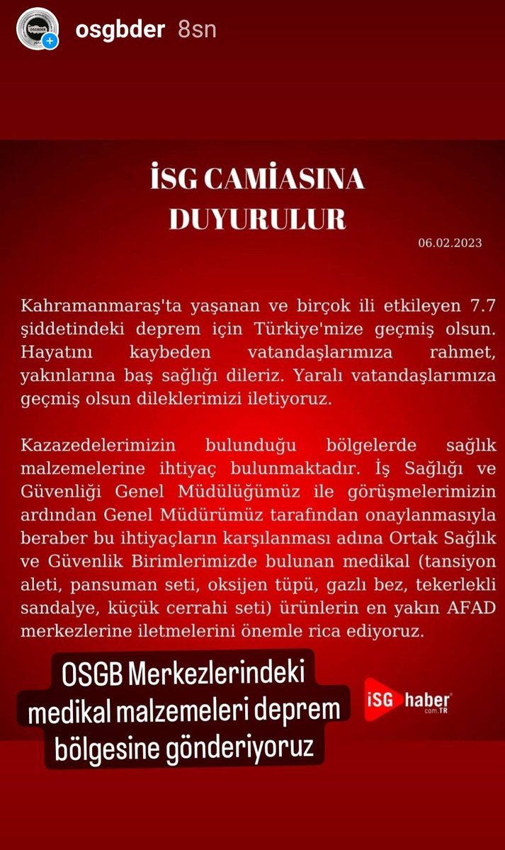Deprem bölgelerine iletilmek üzere size en yakın valilik, belediye, Afad ürün toplanma merkezlerine OSGB Merkezlerimizde yer alan medikal malzemelerimizi (Tekerlekli sandalye, sedye, oksijen tüpü tansiyon aleti vb gibi) teslim ederek bir nebzede olsa katkı sağlamış olacağız