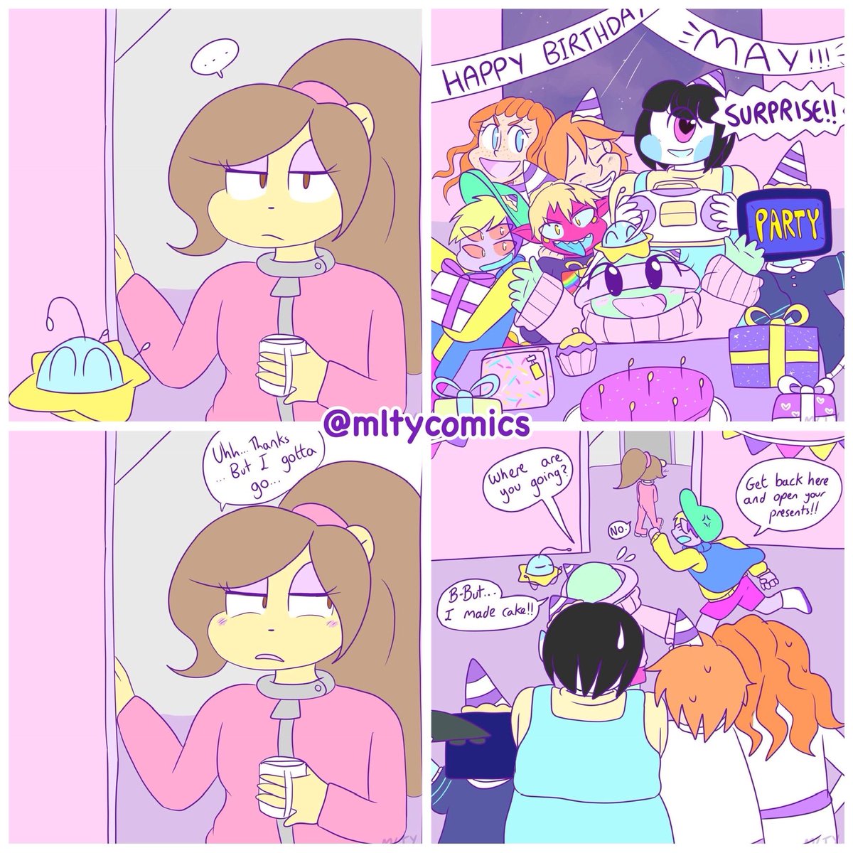 Happy birthday to May Diamond-My first ever OC and also my Vtuber model! I have had May for many many years! (Around 13ish minimum) 🥰 this comic is from last year which features the crew from the comic Space Agent Diamond GO! 🎉 she doesn’t seem too thrilled…