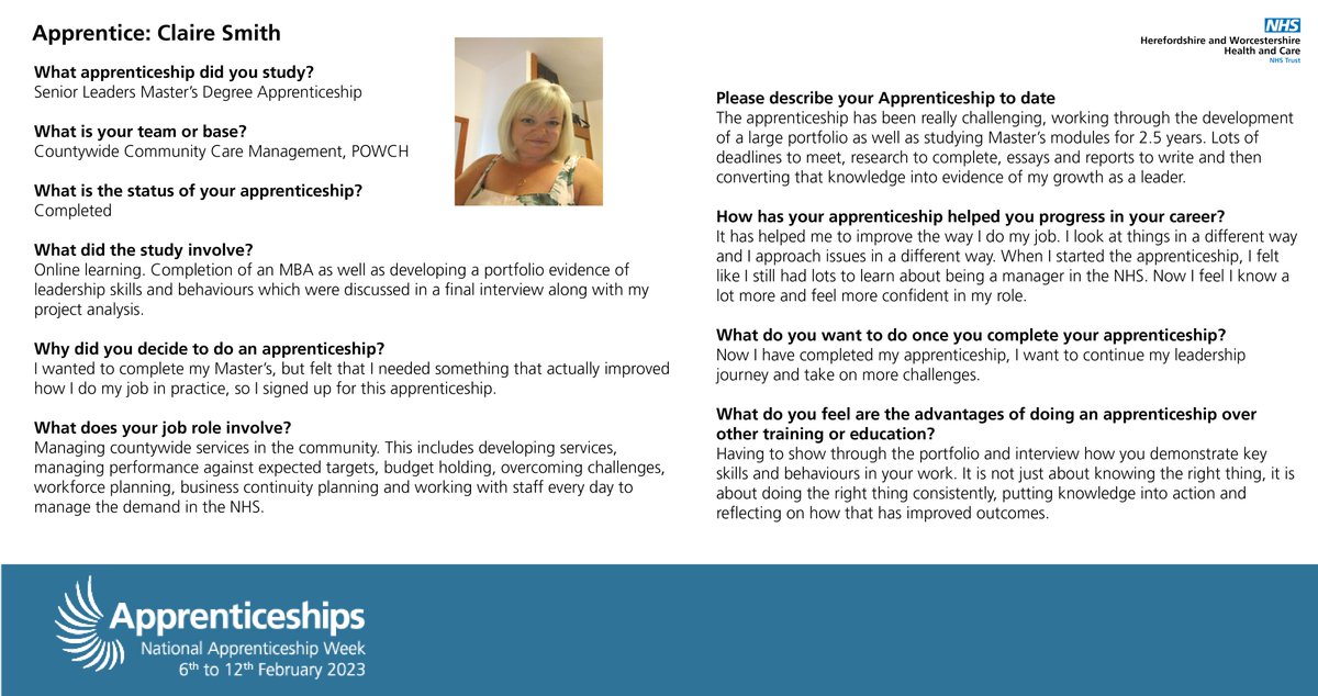 HwhctApps's tweet photo. Meet our 2nd member of staff and former Apprentice Claire who has recently undertaken the Level 7 Senior Leader Apprenticeship Programme  #NAW2023, #SkillsForLife @HWHCT_TWC  #apprenticeships @Inspiring_Worcs @WorcsApprentice #TogetherWeCan 
@WMAANetwork @HASOEngland https://t.co/AXAtqH7igK