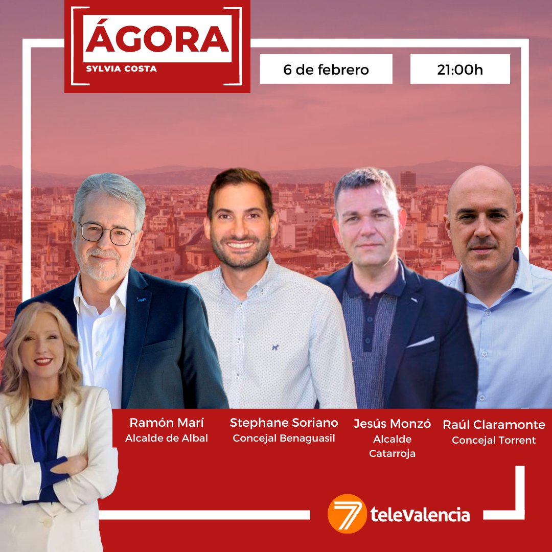 📺Esta noche vuelve #Àgora con @CostaRubio 🕤A partir de las 21:00h. analizamos la actualidad con: 🔴Ramon Marí, alcalde de @AjuntamentAlbal 🟠@jesusmonzo, alcalde de @ajuntcatarroja 🔵@stesorianogomez, concejal de @AytoBenaguasil 🟠@rclarval, concejal de @Aj_Torrent