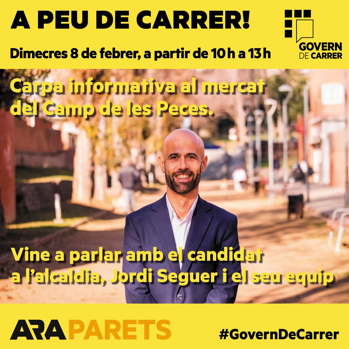 JordiSeguer's tweet photo. Us esperem aquest dimecres 8 de febrer, a partir de les 10 del matí, a la nostra carpa informativa que estarà situada en el mercat ambulant del Camp les Peces de #Parets.
Entre TOTS i TOTES #MilloremParets https://t.co/Cu4G5H8r4B