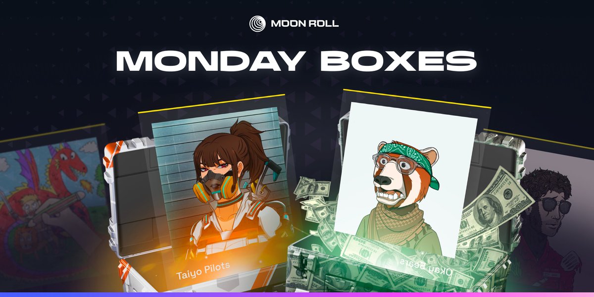 moonroll's tweet photo. MONDAY BOXES EVENT 🎉

📦 WIN UP TO $50 by opening Lootboxes

Example:
Gems Box: 0.30 = 1 entry
Meka Box: 4.50 = 15 entries

💰 $50 is split between the top 10 entries

⏳ Ends in 24h

More info on Discord: https://t.co/UVILNGd87O https://t.co/jf7cu9Ywhj