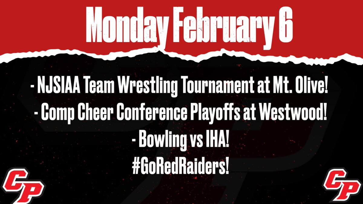 CPHS_Athletics's tweet photo. Today's #GoRedRaiders Schedule!
https://t.co/8d3c0zshLl
Good Luck @Wrestling_CPHS, #CompCheer, & Bowling!
@njsiaa https://t.co/rd9BPBocty