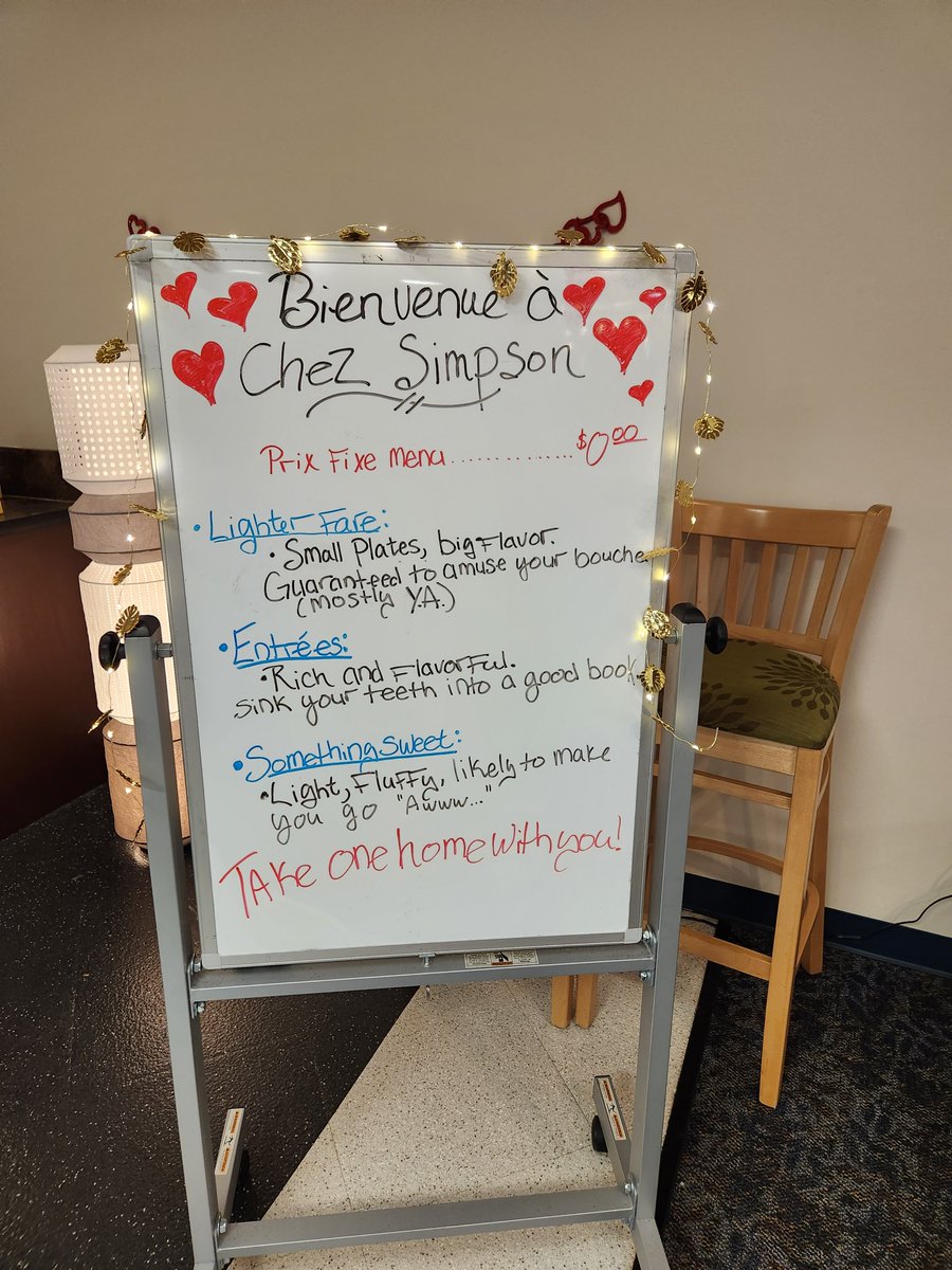 simpsonlibrary's tweet photo. Chez Simpson soft opening! Blind Date With a Book prix fixe menu available for a limited time! Located near the Popular Reading section. 💖📚💖📚💖📚 https://t.co/qgDwPrS1wi