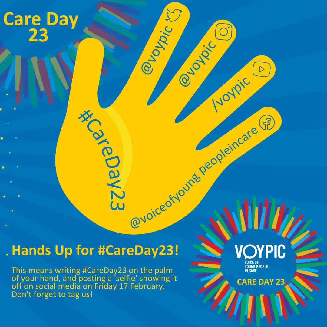Put your HANDS UP 👋 for #CareDay! This Friday (17 February) is #CareDay23. Wherever you are, we're asking you to take a moment that day to write #CareDay23 on the palm of your hand, and share a selfie of it on social media. Don't forget to tag VOYPIC in your post!