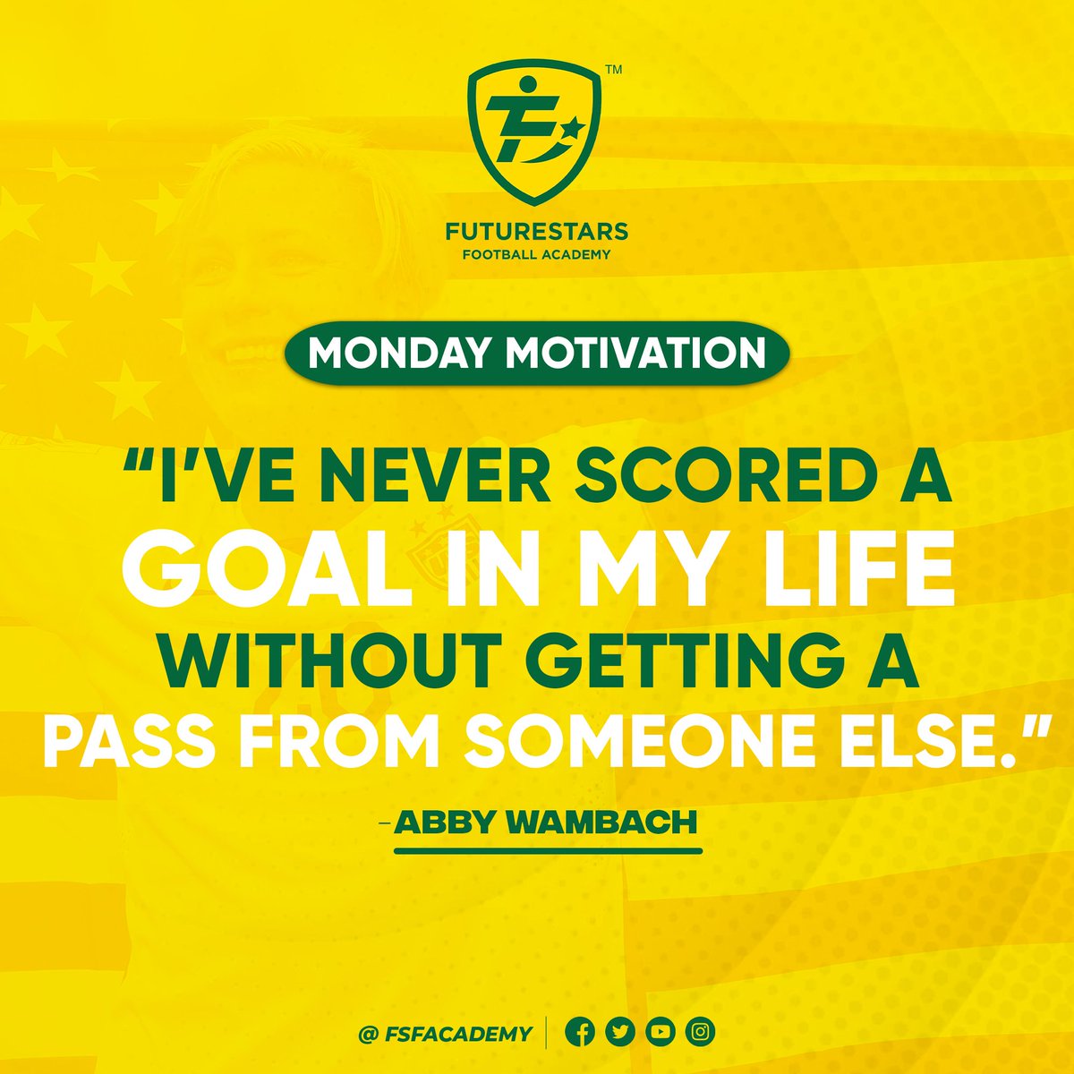 FSFAcademyIndia's tweet photo. Closing the Monday with a quote from the legend herself Abby Wambach on teamwork!⚽🏟️🥅

#FutureStars #FutureStarsFootballAcademy #FSFA #Football #Soccer #Legend #Quoteoftheday #Motivation #MotivationalQuote #LegendSpeaks #LegendQuotes #Motivate #Goals #TeamWork https://t.co/eFKmtRurnI