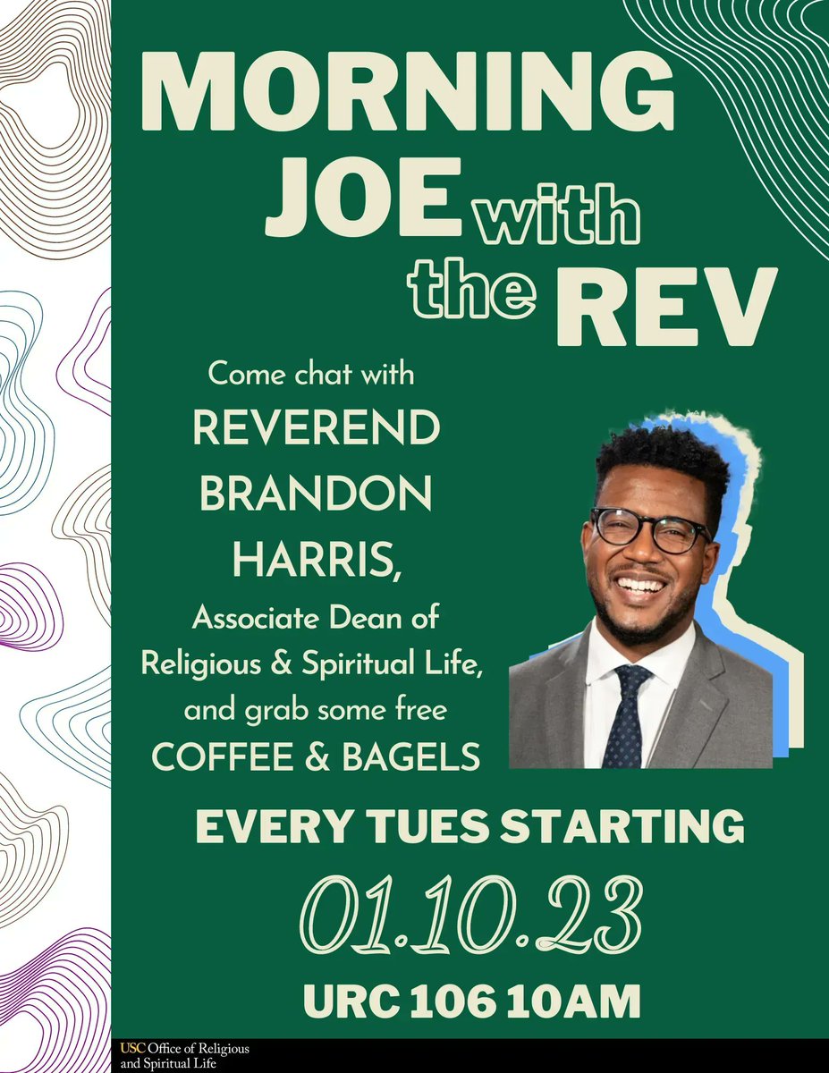 USCreligious's tweet photo. Come chat with Reverend Brandon Harris (Associate Dean of Religious & Spiritual Life) and grab some free coffee & bagels!
Date & Time: February 7th (Tue) 10am ...and every following Tuesday!
Location: URC 106
#USCevents #Trojans #CoffeeTime https://t.co/FWvMmYEHQu