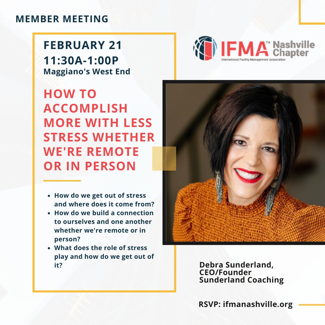 ifmanashville's tweet photo. 🥳 Join us Tuesday, February 21st at #Maggianos for networking and a presentation by guest speaker Debra Sunderland with Sunderland Coaching discussing how to accomplish more with less stress.  Register at https://t.co/NcIH0HX7fh.

#IFMANashville  #chapterofchoice https://t.co/Y0MCua37rt