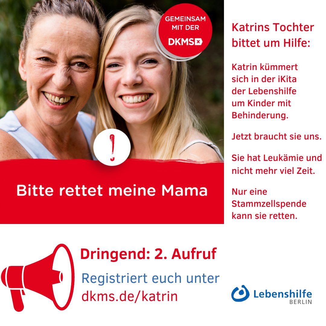 Helft uns, Leben zu retten! Katrin aus der Lebenshilfe iKita hat #Leukämie. Nur eine #Stammzellspende kann ihr noch helfen.
Es ist wirklich dringend!
Bitte teilt diesen Aufruf, und lasst euch registrieren:
dkms.de/aktiv-werden/o…