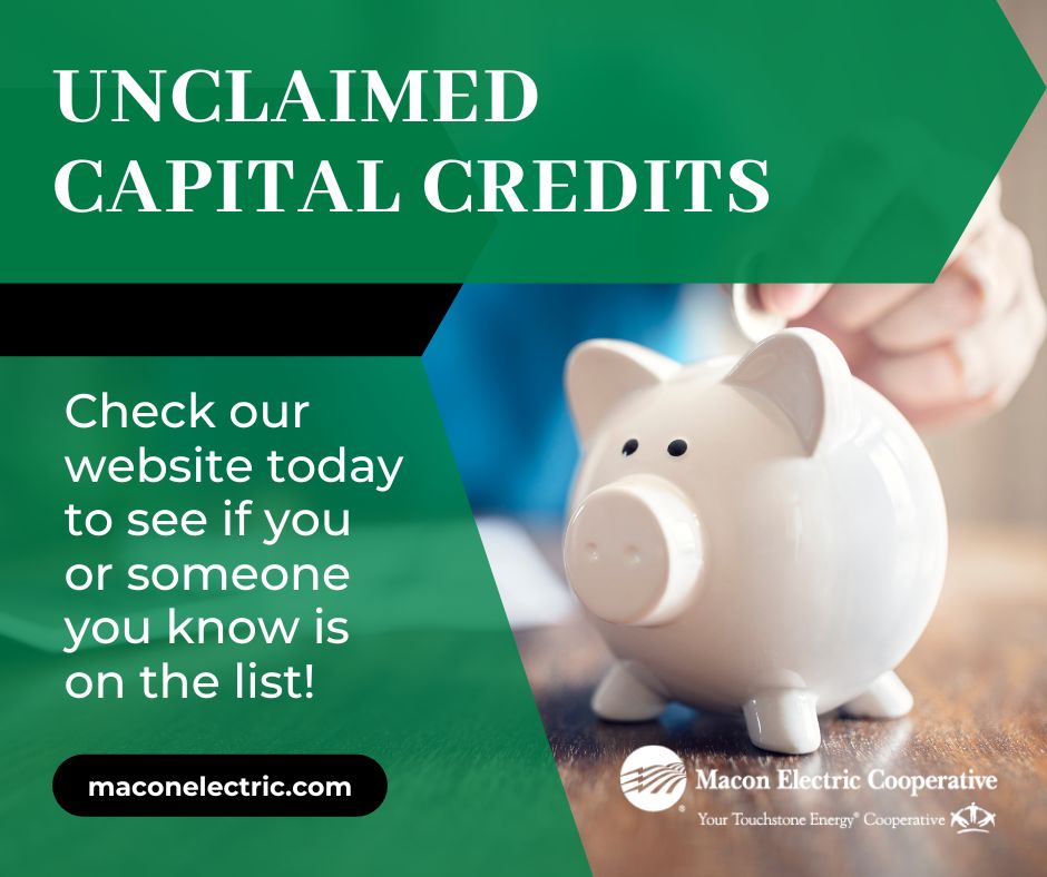 MaconElectric's tweet photo. To view a complete list of our unclaimed capital credits, visit https://t.co/uMT7hyewnJ. For further information, call Macon Electric Cooperative at (660) 385-3157 or drop by the office. https://t.co/gzQZGvyM6A