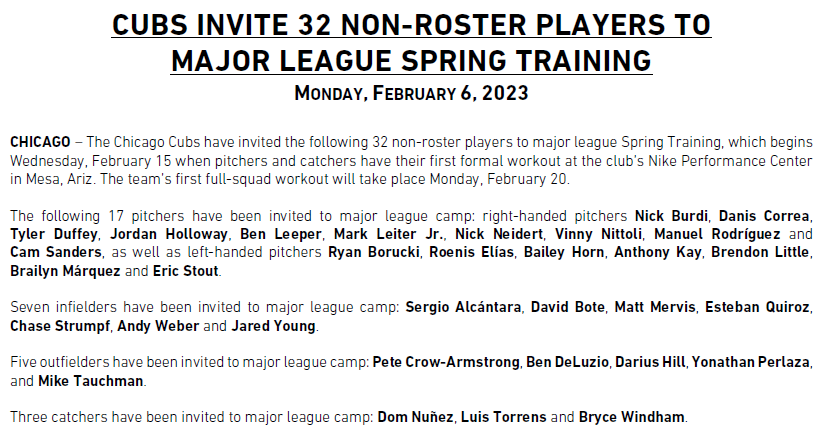 Cubs's tweet photo. The #Cubs have invited 32 non-roster players to #SpringTraining. https://t.co/ZZMZncpicJ