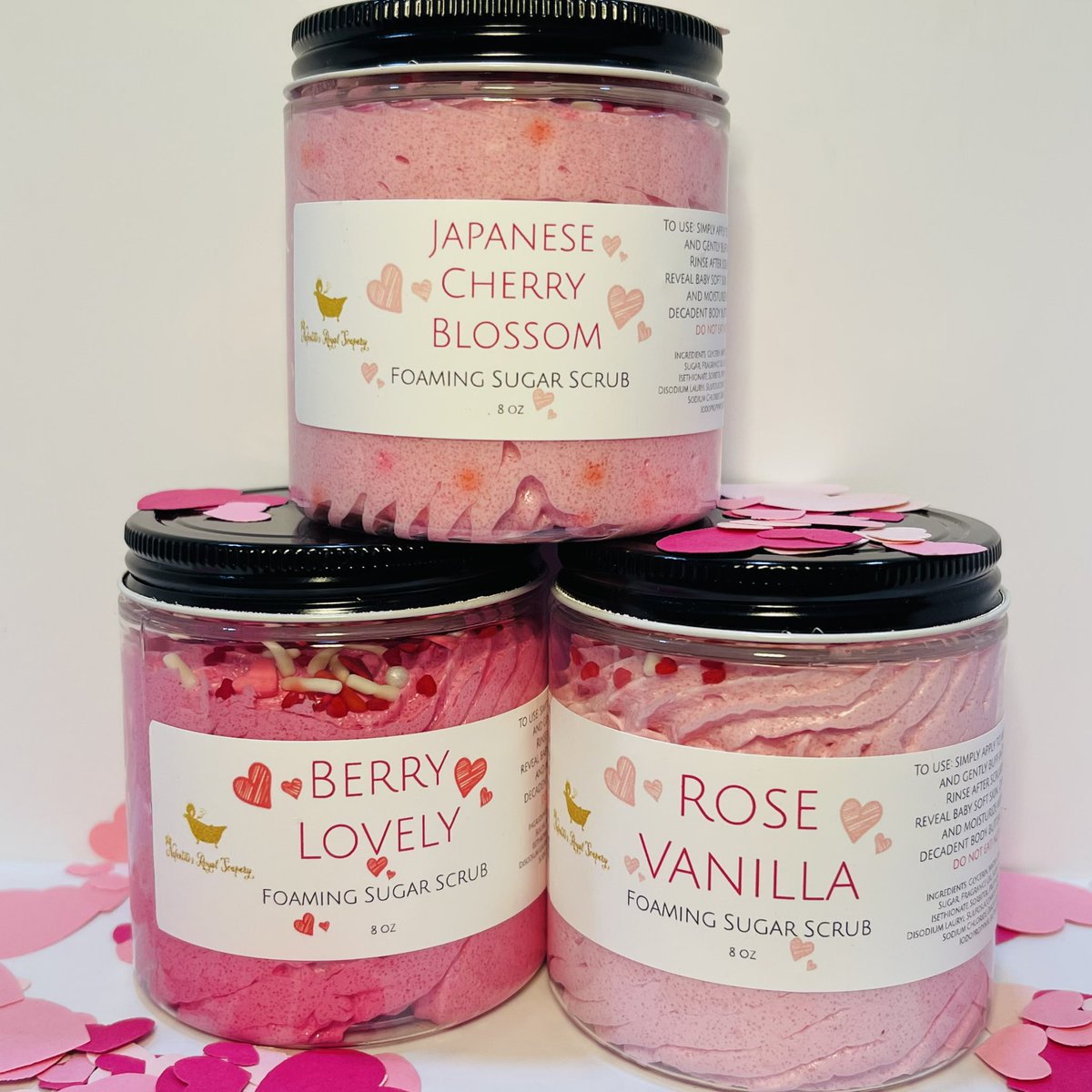 Valentine’s Day Foaming Sugar Scrub! In Cherry Blossom, Rose Vanilla and Berry Lovely nefertitisroyalsoapery.com 
#supportsmallbusiness #shopsmall #shopsmallbusiness #blackownedbusiness
