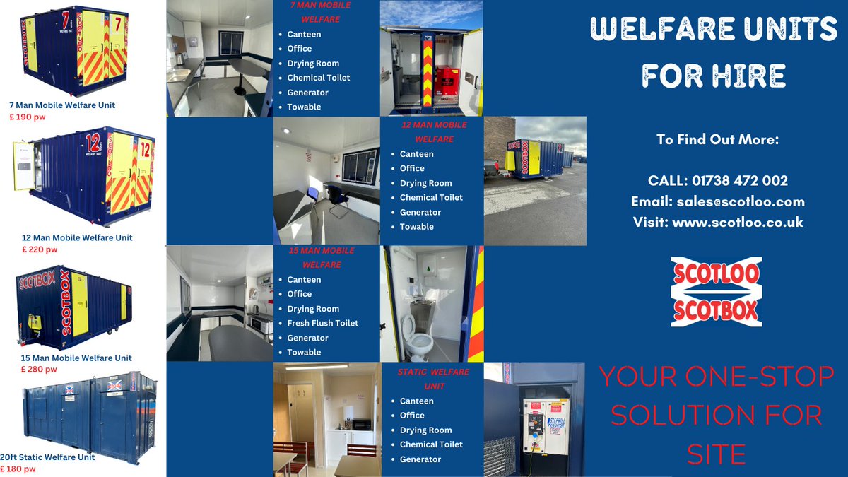 ScotlooScotbox's tweet image. ⚠️ WELFARE UNITS FOR HIRE ⚠️
@scotloo_ has  a welfare cabin to suit your site requirements. All come with toilet &amp;amp; washing facilities, a canteen, a drying room, and an office. 
01738 472 002
bitly.ws/x5F4
sales@scotloo.com

#MobileWelfare #SiteSolutions