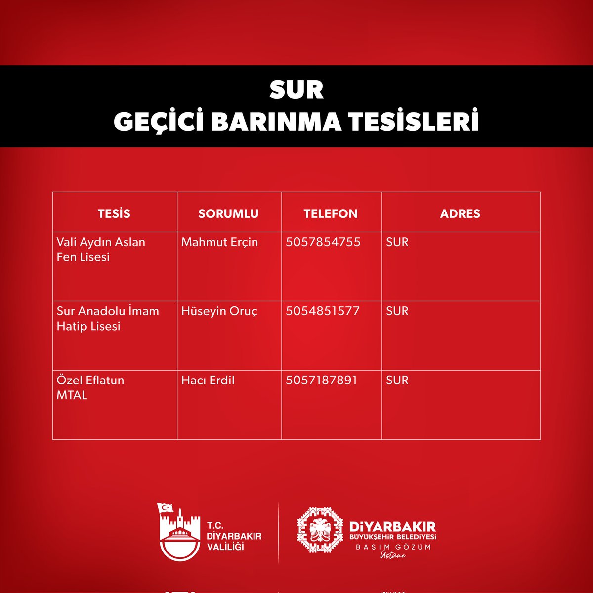 dbakirvalilik's tweet photo. Kıymetli #Diyarbakırlılar,

İlimizdeki Geçici Barınma Alanları; ‼️

🔗https://t.co/WUNVdCPq2i https://t.co/WeQh9AP6bu