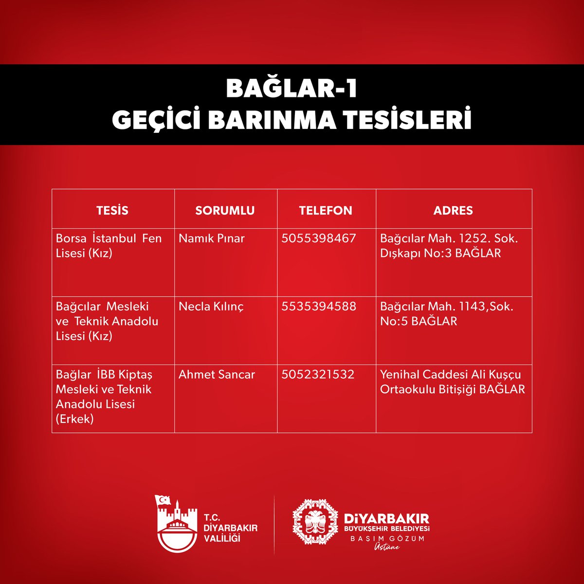 dbakirvalilik's tweet photo. Kıymetli #Diyarbakırlılar,

İlimizdeki Geçici Barınma Alanları; ‼️

🔗https://t.co/WUNVdCPq2i https://t.co/WeQh9AP6bu