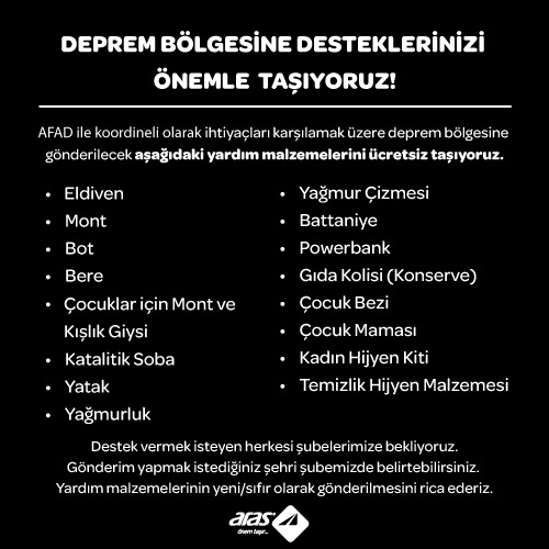 Deprem bölgesine desteklerinizi önemle taşıyoruz! Aras Kargo olarak, AFAD ile koordineli şekilde, ihtiyaçları karşılamak üzere deprem bölgesine gönderilecek ihtiyaç listesindeki yardım malzemelerini ücretsiz olarak taşıyoruz.