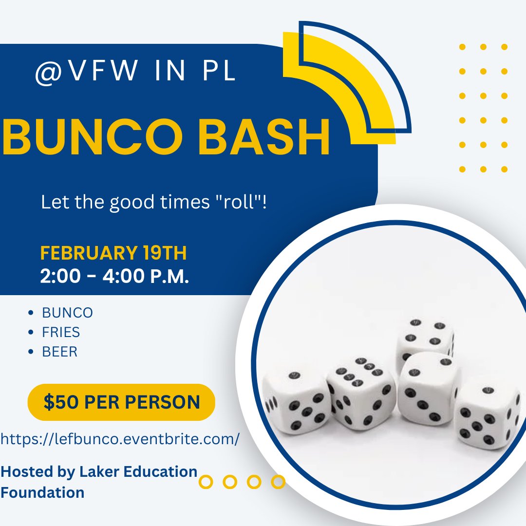 PLSLakerEd's tweet image. We are holding a Bunco Bash at the VFW in Prior Lake on February 19th from 2:00 - 4:00 P.M.!