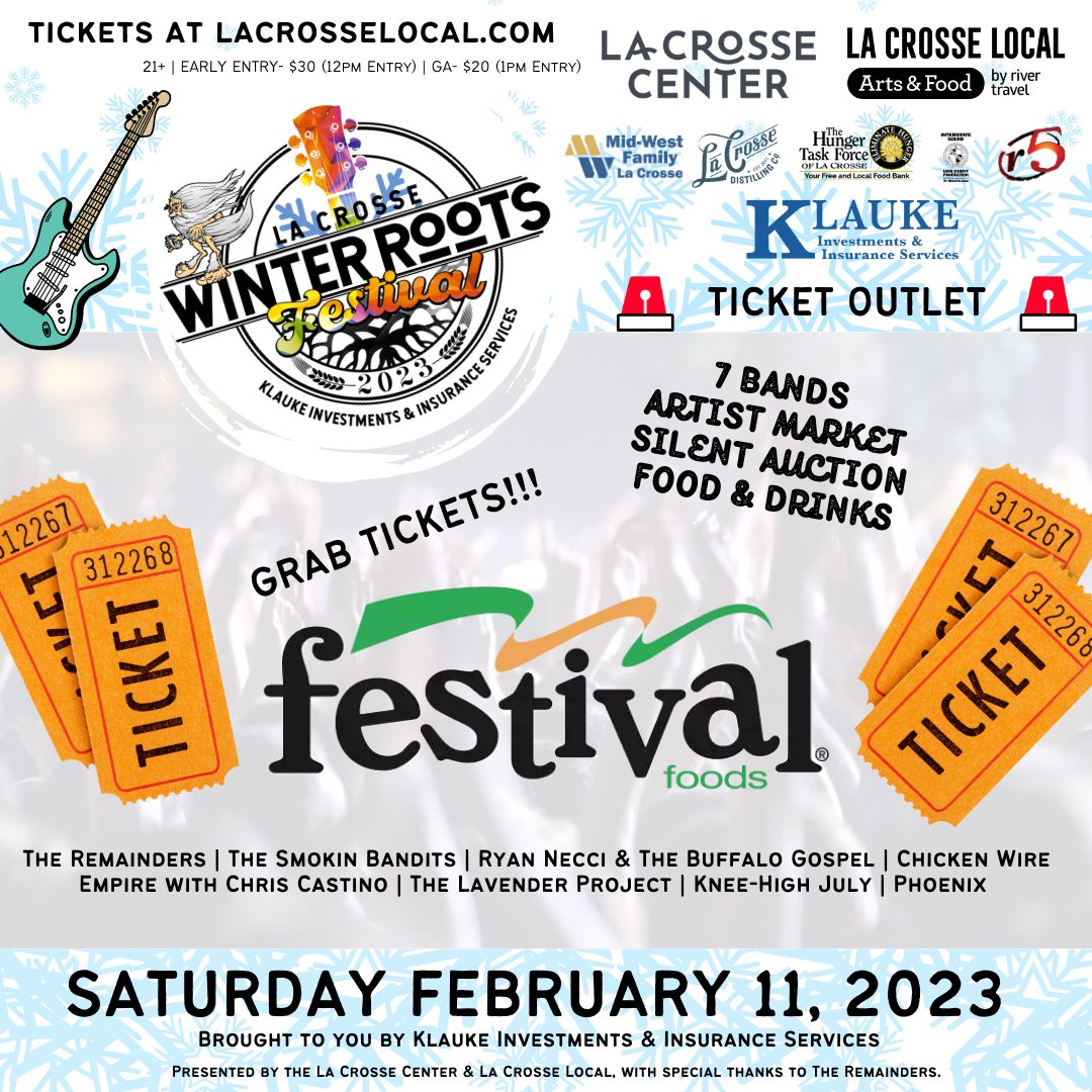 ⚠️ DEADLINE IS WEDNESDAY to pick up physical tickets 🎟️ at area Festival Foods 🛒🚨! Price increase day of show! 

Grab tickets online at ow.ly/JOi450MnzJ9! 

#winterroots #lacrosselocal #lacrossepodcast #livemusic #localfood #art #supportlocal