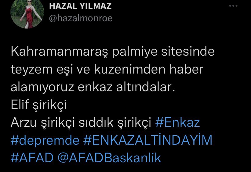 18/20 saattir kimseden haber alamıyoruz ekip yok destek yok <a href="/haluklevent/">Haluk Levent ( Ahbap Ekibi )</a> <a href="/ahbap/">Ahbap</a> <a href="/OguzhanUgur/">Oğuzhan Uğur</a> <a href="/AFADBaskanlik/">AFAD</a> #enkazaltındayım #Turkiye  lütfen rt yapın