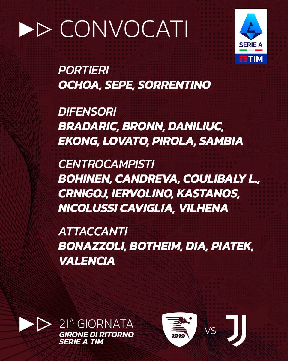 📄 I convocati per Salernitana - Juventus 👇

#SalernitanaJuventus #macteanimo #forzagranata