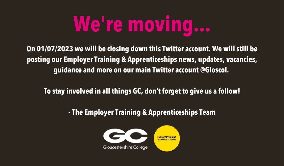 Gloucestershire College Apprenticeships (@gc_apprentices) on Twitter photo On 01/07/2023 we will be closing down this Twitter account. We will still be posting our news, updates, vacancies, guidance and more on our main Twitter account:
<a href="/Gloscol/">Gloucestershire College</a>
To stay involved in all things GC, give us a follow!
-The Employer Training & Apprenticeships Team On 01/07/2023 we will be closing down this Twitter account. We will still be posting our news, updates, vacancies, guidance and more on our main Twitter account:
<a href="/Gloscol/">Gloucestershire College</a>
To stay involved in all things GC, give us a follow!
-The Employer Training & Apprenticeships Team