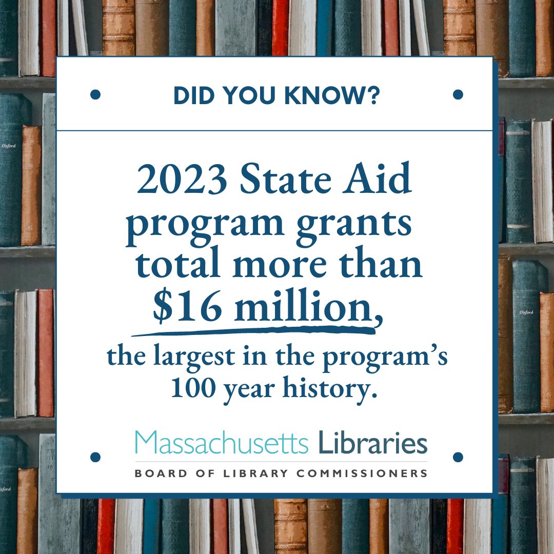 mblclibraries's tweet image. At its Feb board meeting, the #mblclibraries wrapped up the 2023 State Aid to Public Libraries application process, allocating more than $16 Mil. in grants to benefit #yourlocallibrary.  Read more at: mblc.state.ma.us/news/news-rele…
#librariesinMA #massachusettslibraries #libraryfunding