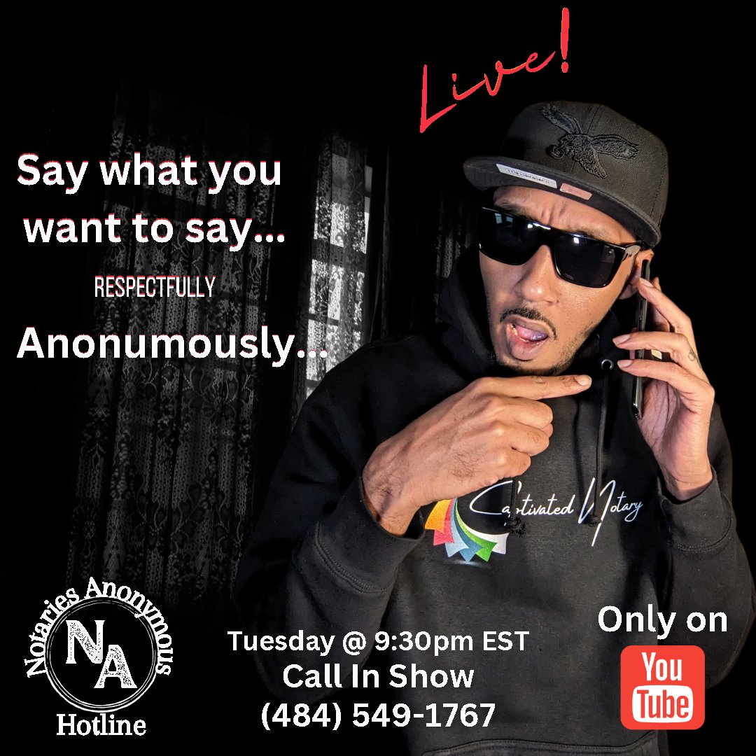 CaptivatdNotary's tweet photo. The Notaries Anonymous Hotline
Tuesday 2/7  9:30pm EST

The only platform for notaries to speak freely, ANONYMOUSLY!💣

Did a company do you wrong? Put them on blast.
Not satisfied with a mentor you paid, Call in.
Do you just want to vent? Come on with it!

#notary #notarylife https://t.co/plGUeewwl1