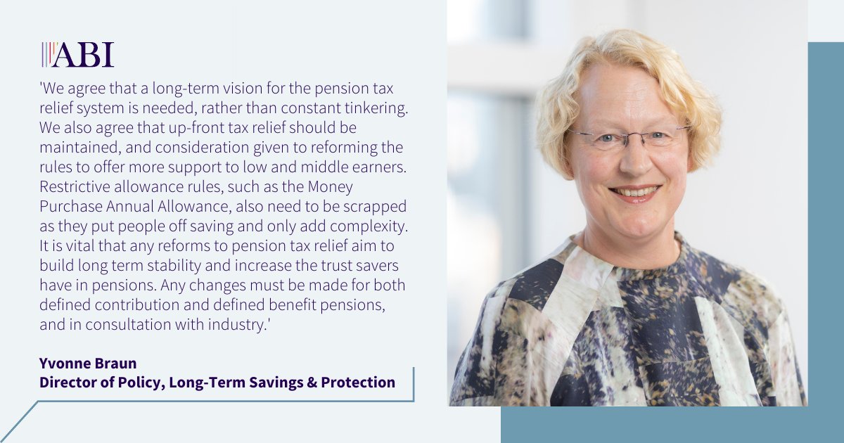 The_ABI_UK's tweet photo. .@YvonneBraun4 on @TheIFS blueprint for a better tax treatment of pensions 'We agree a long-term vision for the pension tax relief system is needed rather than constant tinkering...It's vital any reforms  aim to build long term stability &amp; increase trust savers have in pensions' https://t.co/6TeAx32dpE