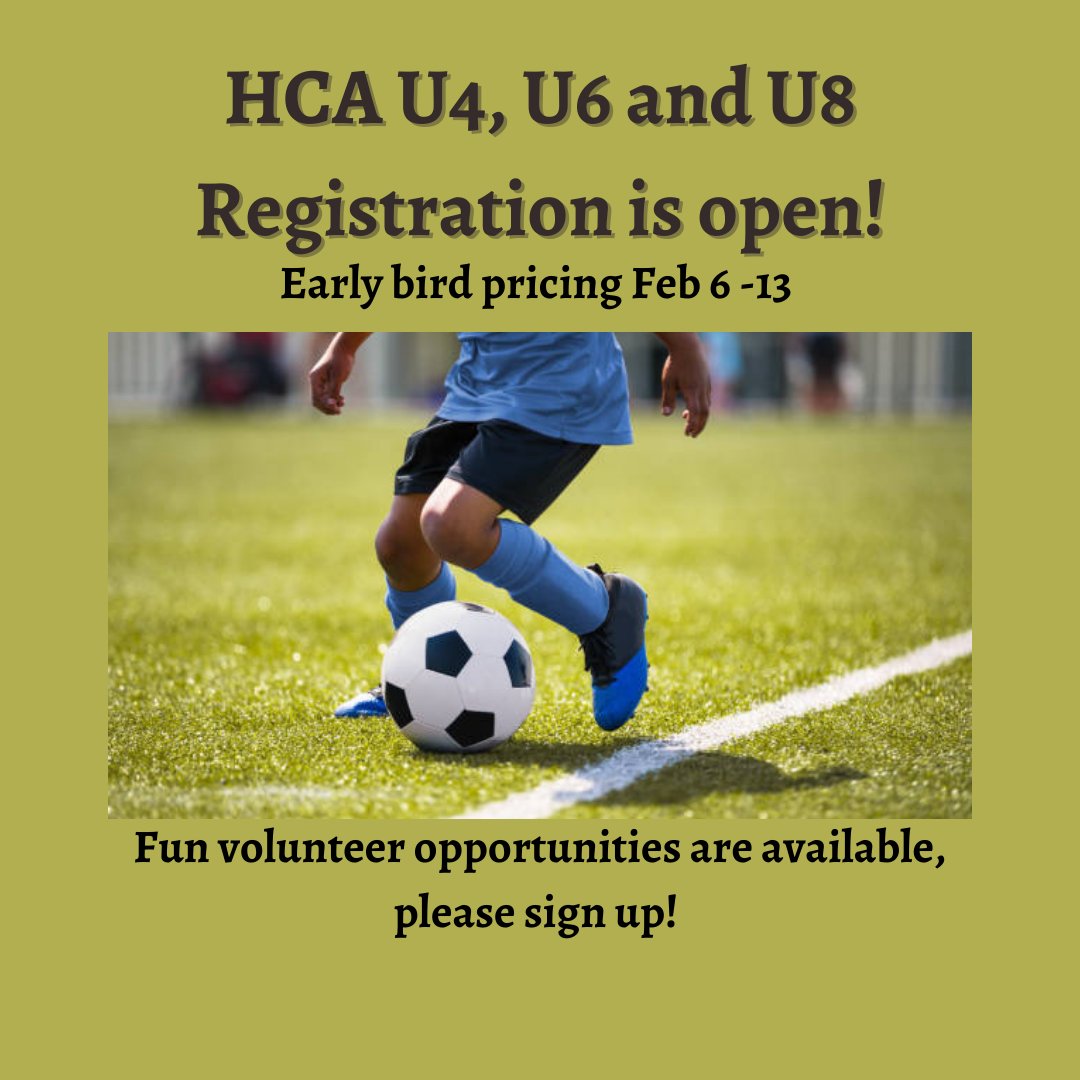 HawkwoodCA's tweet photo. HCA Soccer Registration is open.
Details and register here:
https://t.co/RO2yZNmntR
Age Divisions
* U4- For players born between Jan 1, 2019 and Apr 30, 2020
* U6 - For players born between Jan 1, 2017 and Dec 31, 2018 
* U8   For players born between Jan 1, 2015 and Dec 31, 2016 https://t.co/SasDxKqmY3