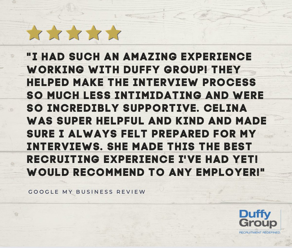 Here at Duffy Group, we take great pride in the positive reviews received from candidates and clients on our Google business page. Thank you to our fantastic recruiters and project leads for your excellent work! Because of you, we're ranked as a 5-star business! 👏