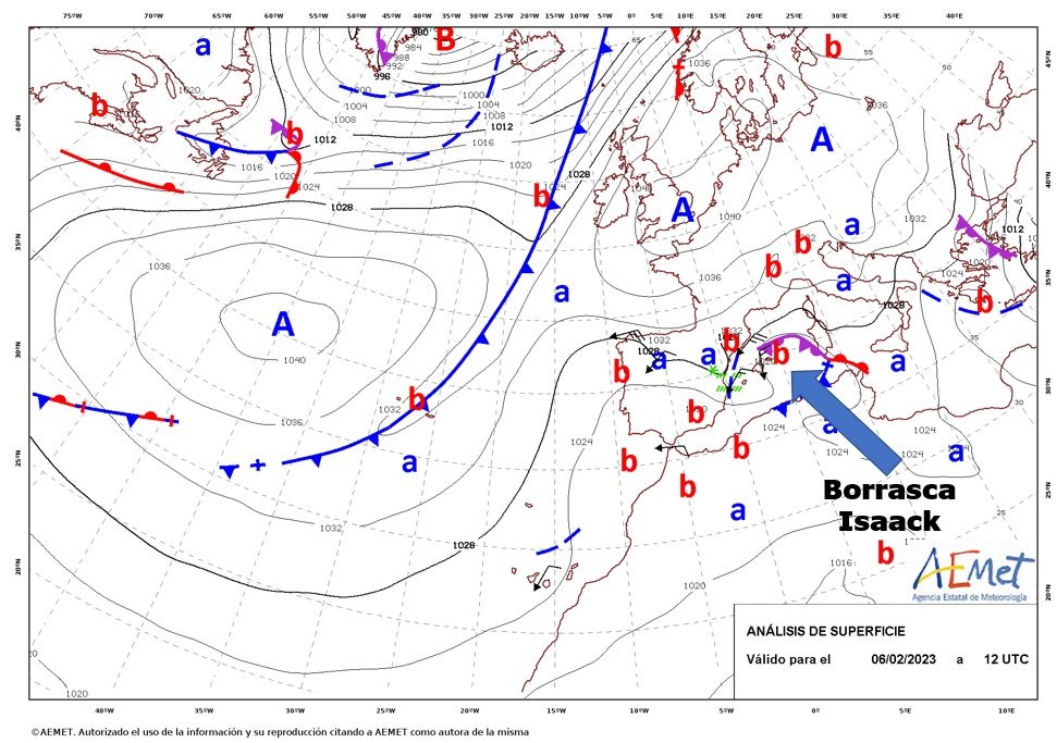 AEMET_Esp's tweet photo. ⚠️ Añadimos un nuevo nombre al «rosco de las borrascas»: La #BorrascaIsaack. Es la 9ª de la temporada y ha sido nombrada por AEMET. Dará lugar a un intenso temporal mediterráneo con viento, mala mar, lluvias intensas y nevadas en cotas bajas, sobre todo el martes 7 y miércoles 8. https://t.co/ANVMxr1BRQ