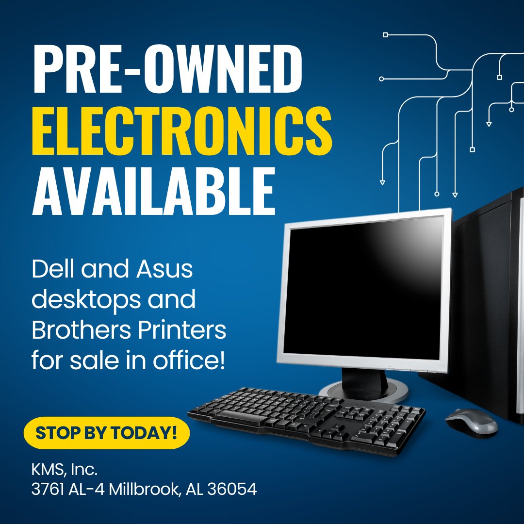 kmsolutionsAL's tweet image. Looking to upgrade your current electronics? We have pre-owned Dell and Asus desktops and Brothers Printers for sale. Come into KMS and browse our preowned brands that will work for you and your budget.
kms-inc.net
#KnowledgeManagementSolutions #MillbrookAL