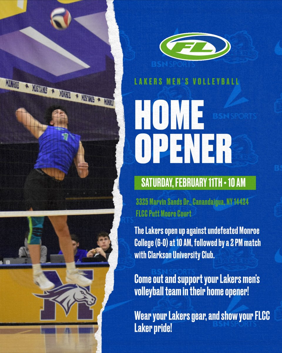 Help us cheer on our Men’s Volleyball team! This new #FLCC team is playing their home opener on Saturday, Feb. 11. Join us on campus at 10 a.m. to watch the Lakers take on Monroe College (New Rochelle, NY) or watch live at  youtube.com/@solomonvolley…
#GoLakers #LakerPride