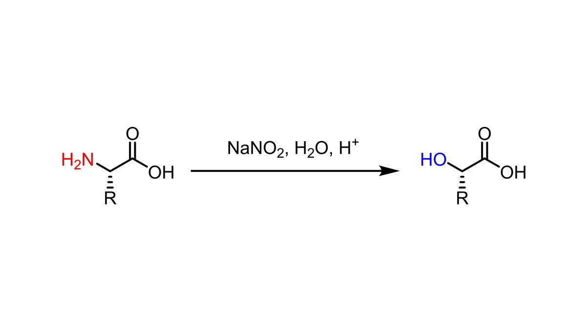 sppsfacts's tweet image. Alpha-amino acids can be converted to alpha-hydroxy acids with stereoretention. Presumably, the reaction goes through a strained lactone intermediate that gets hydrolysed rapidly. The chemistry is also used in the Van Slyke determination. doi.org/10.1021/ol0361…