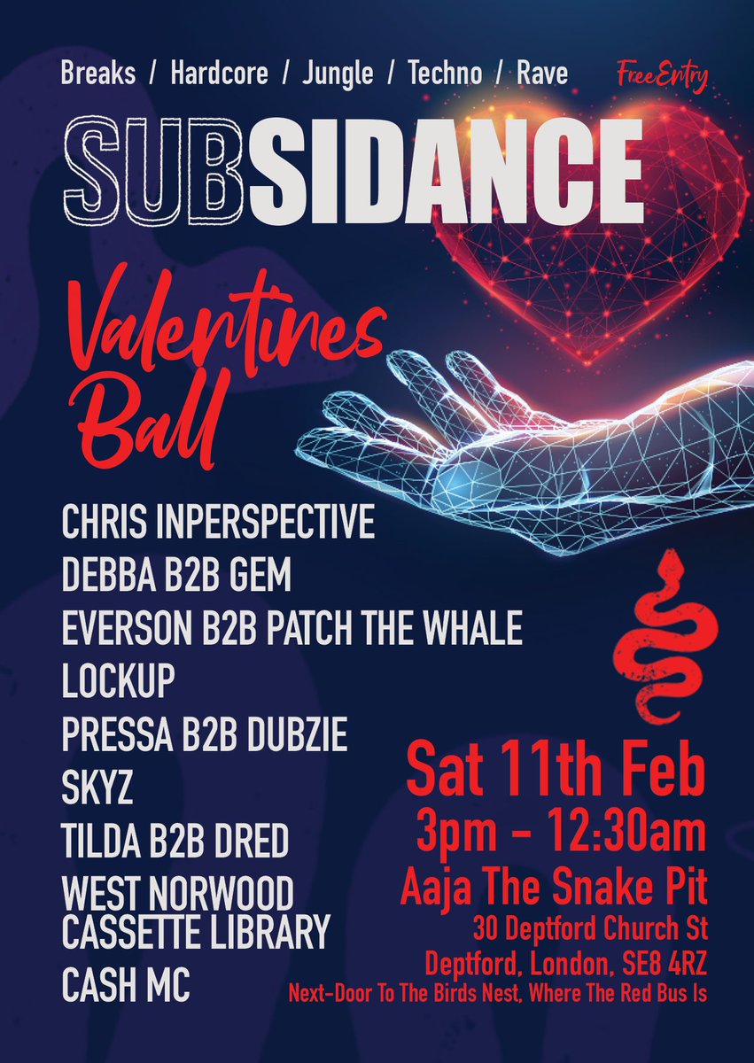 Subsidance's tweet image. We&apos;re back in the @Aajamusic Snake Pit this Saturday the 11th of February! It&apos;s the Valentines Ball 💘

3pm-12.30am FREE ENTRY all day and evening affair!!

@ChrisINP @debbauk @JoePressa @thevinyltouch some Twitter handles I could find! X