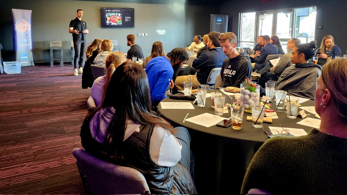 TheMIAA's tweet photo. Thank you to Dylan &amp; @ShiftAthlete for visiting with our student-athletes at our 2023 MIAA SAAC Summit! 

Shift Group is The Official Tech Sales HR Placement Partner of the MIAA &amp; presenting sponsor of the MIAA Men's &amp; Women's Basketball Athletes of the Week! #BringYourAGame https://t.co/UbxXBSWTnc
