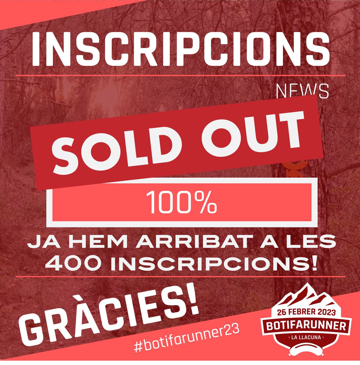 botifarunner's tweet photo. 📣 INSCRIPCIONS TANCADES‼️
Acabem d’arribar al límit de places disponibles per la @botifarunner 2023 🔥🥳
400 GRÀCIES🤩
Encara queden algunes places per participar a la #botifakids 2023!
#botifarunner #soldout #inscripcions #botifarunner23 #laclassica #larapida #botifakids https://t.co/qjFHYpxP03