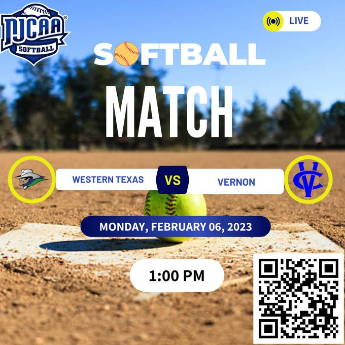 Western Texas 🆚 Vernon | NJCAA SOFTBALL
⏰ 1:00 PM &amp; 4:00 PM
📆 Monday, February 06, 2023
Vernon, TX
Live Game: bit.ly/40uGoYh
<a href="/WTCcampusnews/">WesternTexasCollege</a>
@WTCSportsOne
<a href="/wtcsoftball/">WTC Softball</a>
<a href="/fullerlauren5/">lauren fuller</a>
<a href="/daizie_f/">Daizie Fuentez</a>
<a href="/RyleeYarborough/">Rylee Yarborough</a>
<a href="/patriciarose04/">Patricia Murguia</a>
<a href="/CoachKay28/">Kayla Hill</a>