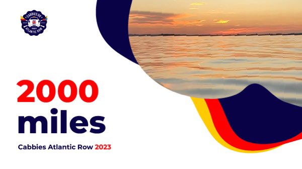More exciting news from the middle of the Atlantic!! .. Yes folks , today the boys hit another massive landmark!! … Drum roll 🥁 … wait for it ! … 
2000 miles rowed !! That’s 1739 nautical miles!! What an achievement!! … 
.. Give them a big 👏🏻 

cabbiesdoatlanticrow.com