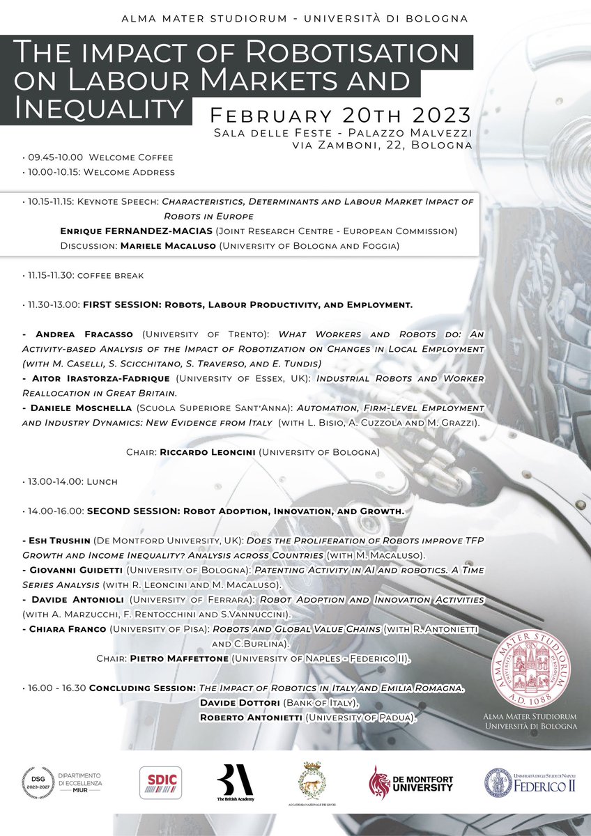 marielemacaluso's tweet photo. ❗️The Impact of #Robotisation on #Labour #markets &amp; #Inequality❗️

🗓️ February, 20th
📍Sala Feste, @Unibo 

🗣️ Keynote: E. Fernandez-Macias (JRC)
👥 A.Fracasso,@Aitor_IrastFadr, @d_moschella,E.Trushin,G.Guidetti, D. Antonioli,C.Franco,D.Dottori,@RobertoAntonie5 

👇🏼
#EconTwitter https://t.co/9zCp5d8fLi