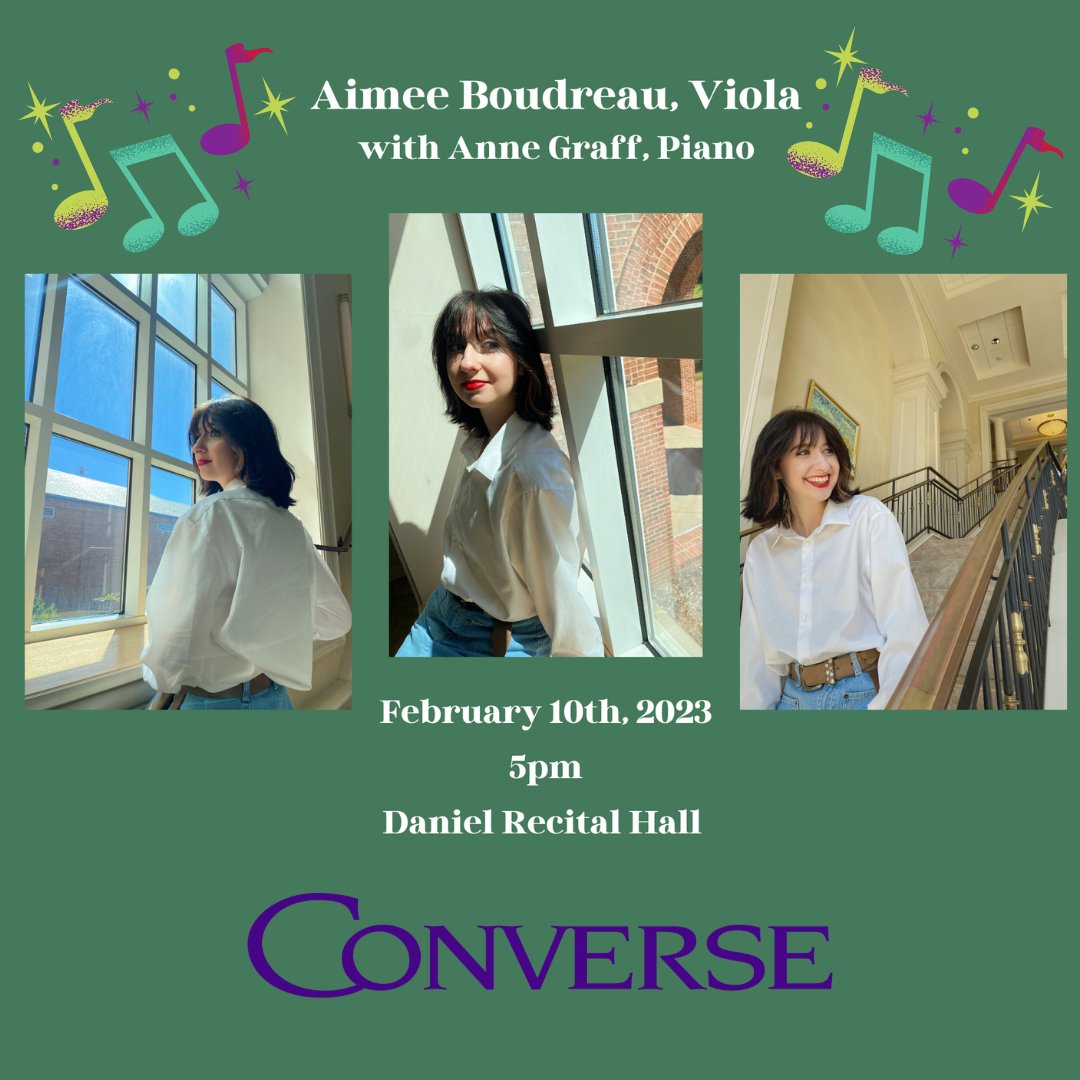 This Friday! Join us for a recital by Aimee Boudreau, viola with Anne Graff, piano. Featuring works by J.S Bach and Felix Mendelssohn, this event is free and open to the public. #ConverseMusic
Livestream: converse.edu/daniel-live