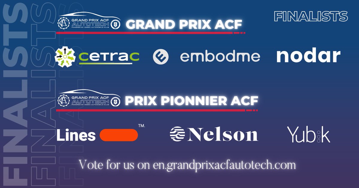 💥The <a href="/gpacfautotech/">Grand Prix ACF AutoTech</a> finalists are here!
Get ready for a showdown between <a href="/CetracIo/">CetraC.io</a>, <a href="/embodme/">embodme</a>, <a href="/nodar/">NODAR</a> for the Grand Prix ACF &amp; between Lines Manufacturing, NELSON, &amp; YUBIK for the Prix Pionnier ACF❗️
Don't miss the big finale on 04.20, streamed live.
#GPACF #Innovation #Autotech