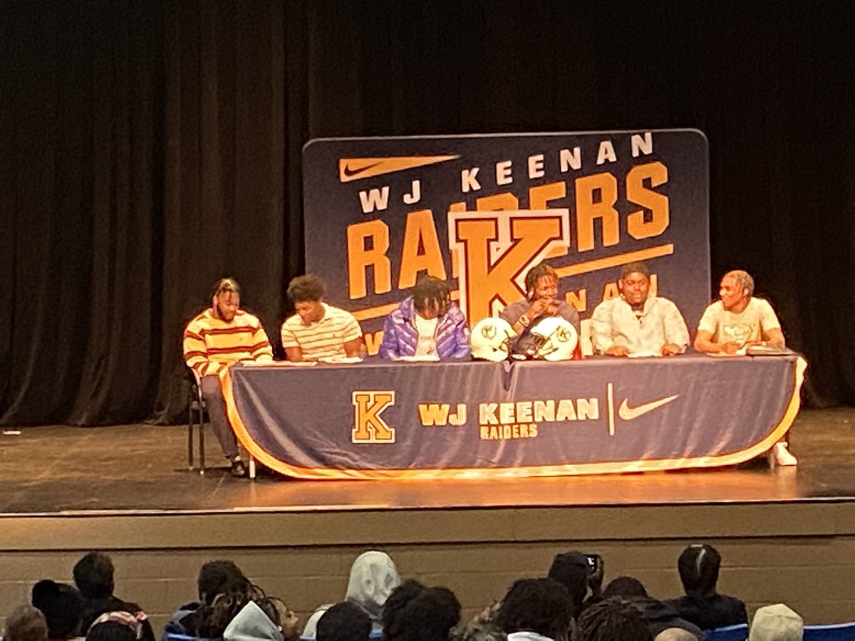 wjkeenanraiders's tweet photo. A great day to be a Raider!! Six @WJKeenan_FB student-athletes have signed to continue their education and playing careers at the next level! Congratulations to our students, parents, and coaches. Hard work pays off. https://t.co/ctfGA2veTL