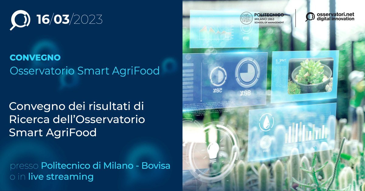 📅 #SaveTheDate - Convegno dei risultati di Ricerca dell'Osservatorio #SmartAgriFood. Iscriviti gratuitamente per partecipare o seguire lo streaming gratuito: bit.ly/3RD8oEV #OSAF23 #agrifood