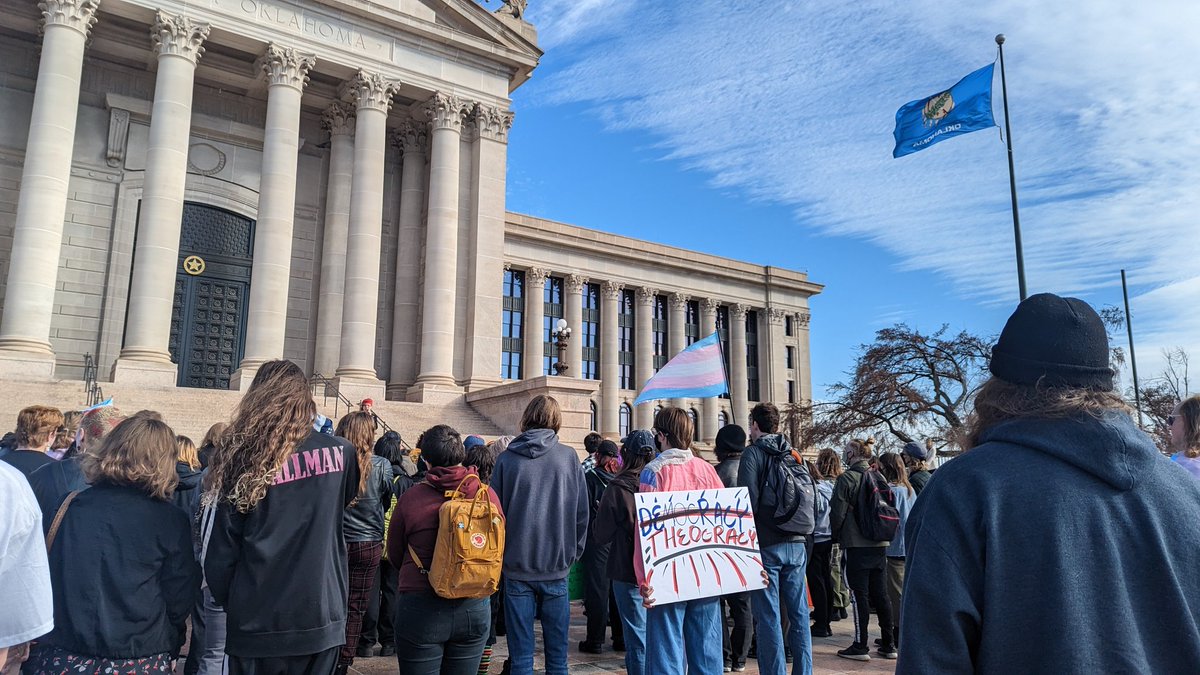 FreedomOkla's tweet photo. It's the first day of a new Oklahoma Legislative Session, and the state of the state is trans and proud. #OKleg https://t.co/DDQJzNPut6