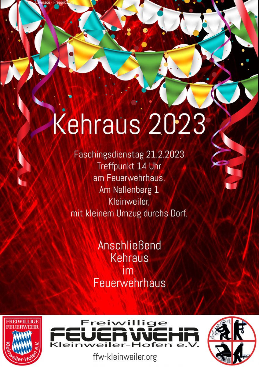 Save the Date 21.02.2023
Kehraus im Feuerwehrhaus Kleinweiler am 21.02.2023

 Wir starten den Kehraus mit einem kleinen Umzug durchs Dorf. Anschließend Kehraus im Feuerwehrhaus. Wir sehen uns am 21.02.2023 zum Kehraus #alttrauchburg #bavaria

ffw-kleinweiler.org/save-the-date-…