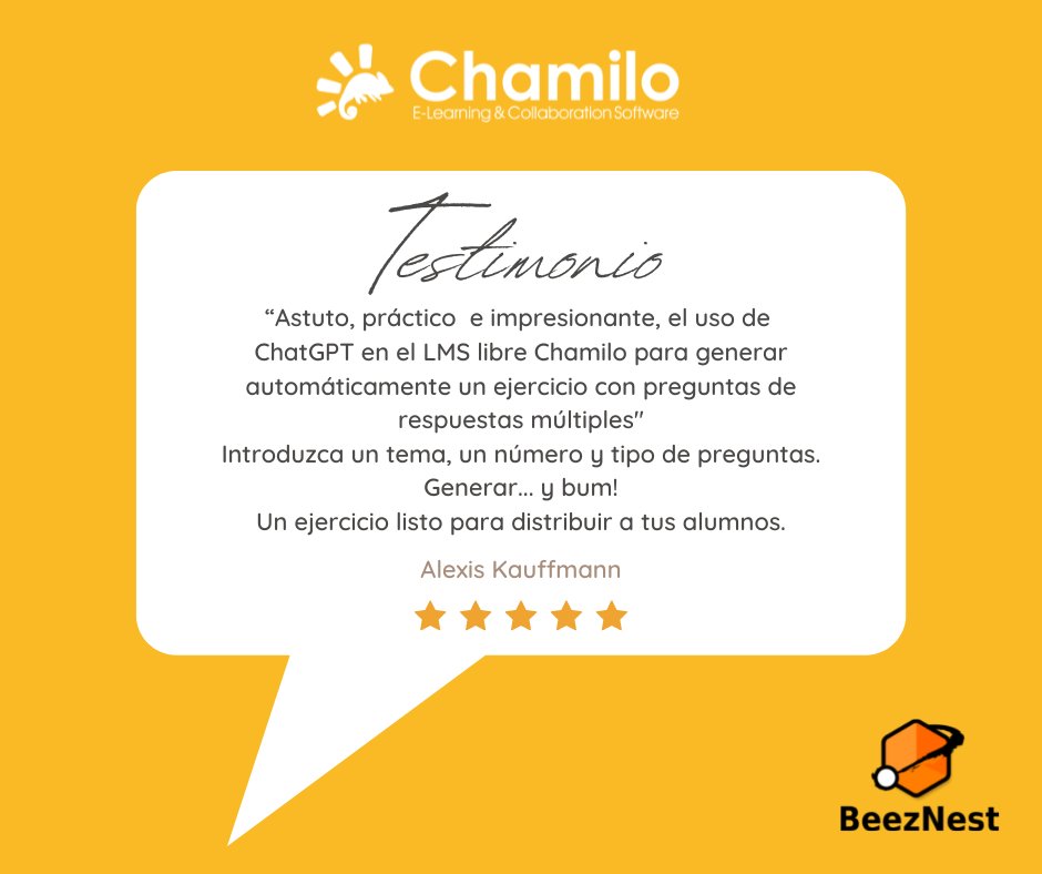 💬 "Astuto, práctico e impresionante, el uso de #ChatGPT en el #LMS libre #Chamilo para generar automáticamente un #ejercicio con preguntas de respuestas múltiples" . Introduzca un tema, un número y tipo de preguntas. Generar... y bum 💥 ! Evaluación OnLine lista 👏 <a href="/ywarnier/">Yannick Warnier</a>