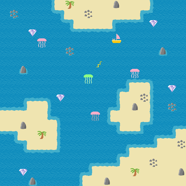 farawaythyer's tweet photo. New game! It's called "Jellyfish Archipelago". A short, slightly tricky top-down action game about collecting gems and avoiding jellyfish. Late submission to @sylviefluff's Jam #1. You can play it in your browser here: https://t.co/hQFcGcKcHF #KittenBoat https://t.co/G8W6E6KMdl