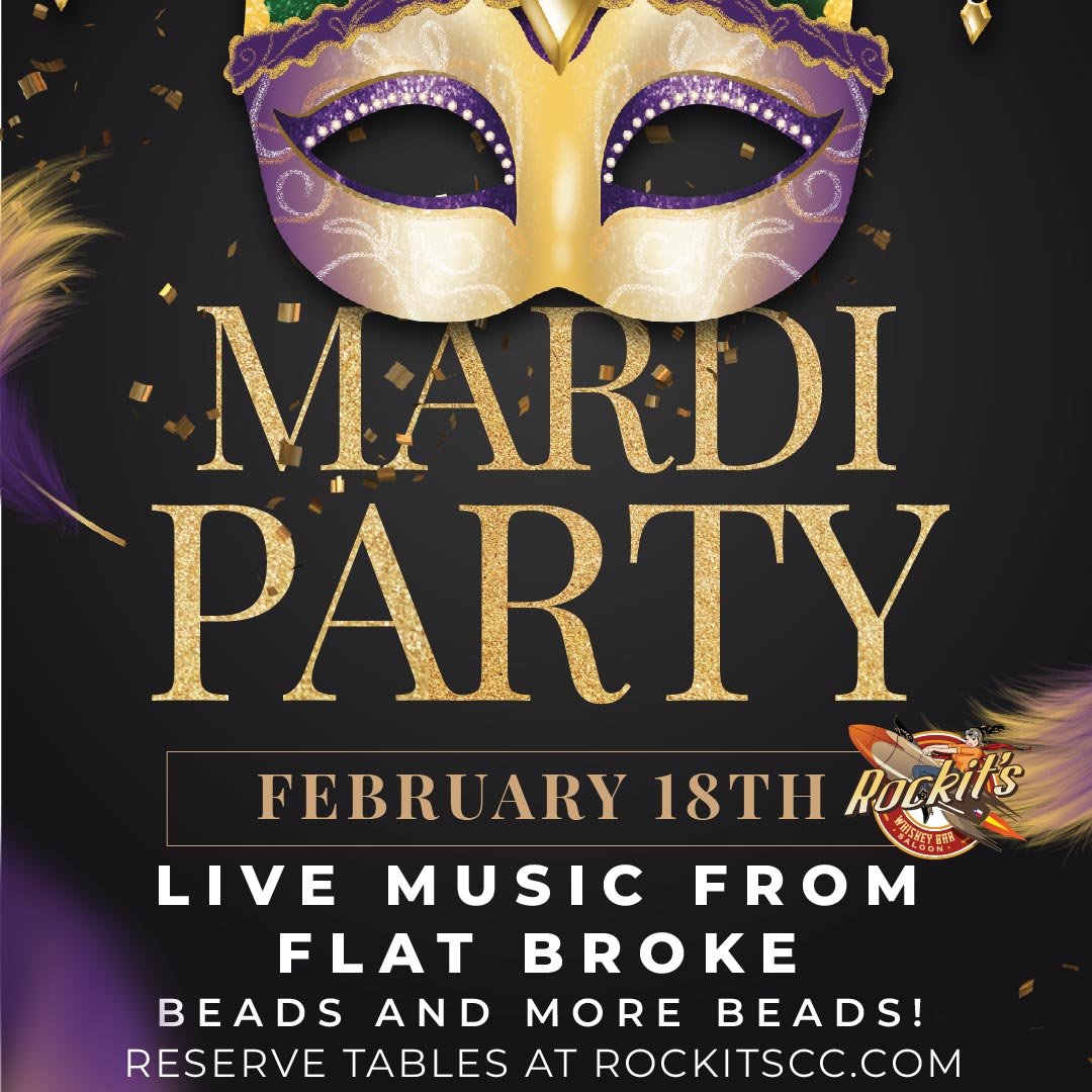 Rockits's tweet photo. It's that time again! Get ready to Mardi Party at Rockit's with Third Coast reggae sensation Flat Broke on Saturday, February 18th. https://t.co/DORvgMTl0F