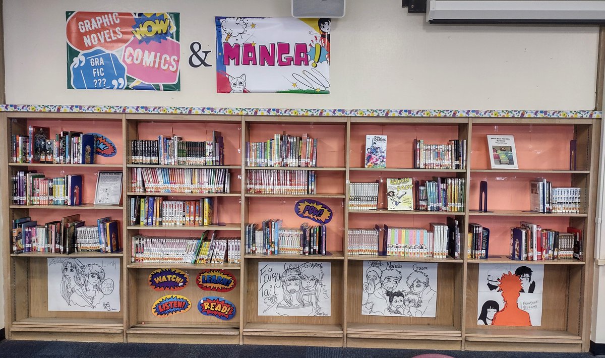 hms_mediacenter's tweet photo. From the archives...check out how much our school library's graphic novel and manga collection has expanded. The original photo is from 2012. This beloved collection is still growing! #HMSreads #HMScomets #PridePassionPurpose https://t.co/FZ782Y9SFp